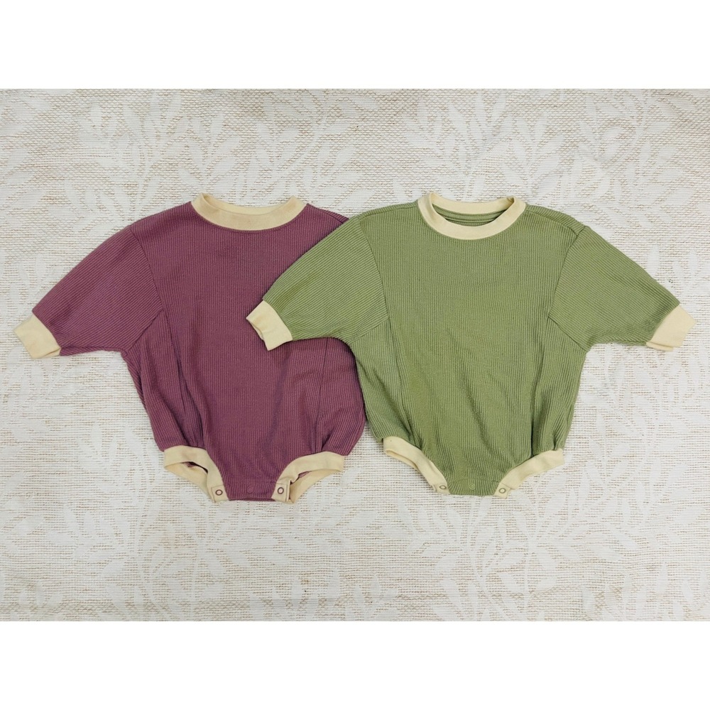 Cat & Jack Baby Waffle Knit Bodysuit Bundle 3-6M Purple Green Romper 2pk